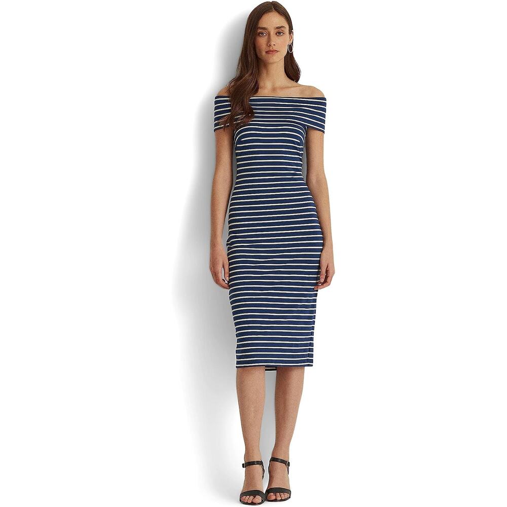 Lauren Ralph Lauren Women Navy Stripe Knit Jersey Off-The-Shoulder Dress Size 14